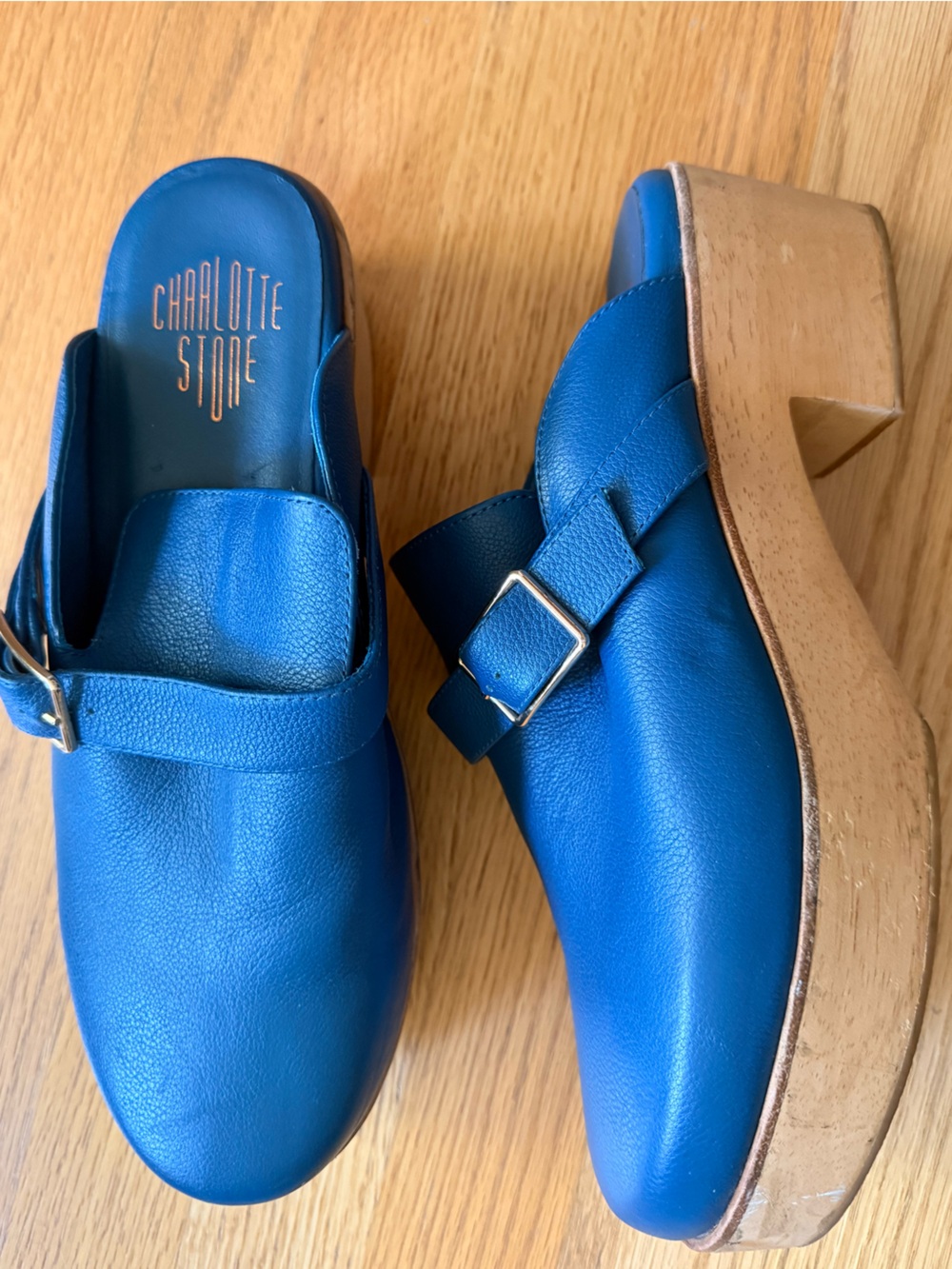 Charlotte Stone Cobalt Leather Platform Mule with Buckle women’s size  10